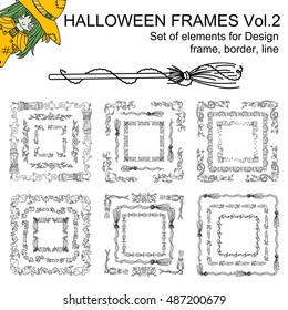 Vector set of black line Halloween frames, borders for decor.  Square corners and frames from halloween doodle elements for design: witch, scull, ghost, bat, ivy, owl, cat, gravestone and pumpkin