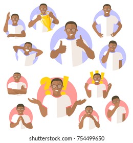 Vector set of black man emotional expressions, flat design icons