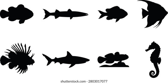A vector set of black marine animal silhouettes featuring tropical fish, sharks, lionfish, angelfish, and a seahorse. Perfect for aquarium graphics, marine education materials, logos, infographics, and ocean-themed design projects.