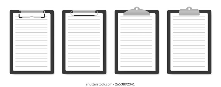 Conjunto vetorial de grampos de papel de metal preto em 4 estilos diferentes. Cada uma tem um pedaço de papel forrado, perfeito para papéis de carta, escritórios ou projetos de volta à escola.