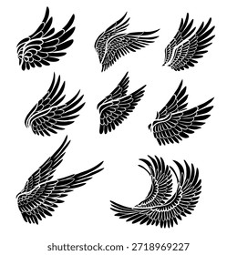 Conjunto de Vector de alas de pájaro monocromo negro. Colección de alas de artes de Clip de ángel monocromo aisladas del fondo. Símbolo espiritual de libertad para pegatinas y postales.