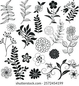 Vector set of black monochrome floral elements for design isolated on transparent background.