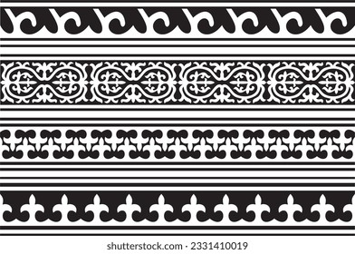 Vector set of black monochrome seamless Kazakh national ornament. Ethnic endless pattern of the peoples of the Great Steppe, 
Mongols, Kyrgyz, Kalmyks, Buryats. frame border.