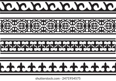 Vector set of black monochrome seamless Kazakh national ornament. Ethnic endless pattern of the peoples of the Great Steppe, 
Mongols, Kyrgyz, Kalmyks, Buryats. frame border.