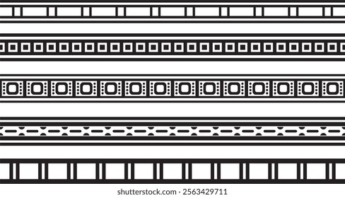 Vector set of black monochrome seamless Egyptian borders. Endless Ornaments of Ancient Egypt. Geometric African frame.
