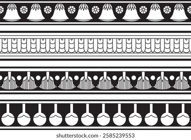 Vector set of black monochrome seamless Egyptian borders. Endless Ornaments of Ancient Egypt. Geometric African frame.
