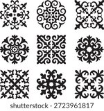 Vector set of black monochrome signs Kazakh national ornament. Ethnic  pattern of the peoples of the Great Steppe, 
Mongols, Kyrgyz, Kalmyks, Buryats. frame border.