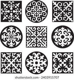 Vector set of black monochrome signs Kazakh national ornament. Ethnic  pattern of the peoples of the Great Steppe, 
Mongols, Kyrgyz, Kalmyks, Buryats. frame border.