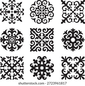Conjunto de Vector de signos monocromáticos negros adorno nacional kazajo. Patrón étnico de los pueblos de la Gran Estepa, 
Mongoles, kirguisos, calmucos, buriatos. frontera marco.