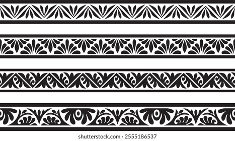 Vector set of black monochrome stencil classic byzantine ornament. Endless border, Ancient Greece, Eastern Roman Empire frame. Decoration of the Russian Orthodox Church
