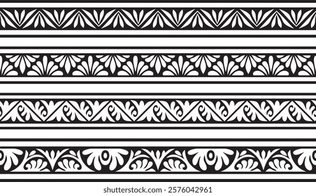 Vector set of black monochrome stencil classic byzantine ornament. Endless border, Ancient Greece, Eastern Roman Empire frame. Decoration of the Russian Orthodox Church
