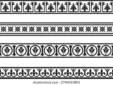 Vector set of black monochrome stencil classic byzantine ornament. Endless border, Ancient Greece, Eastern Roman Empire frame. Decoration of the Russian Orthodox Church
