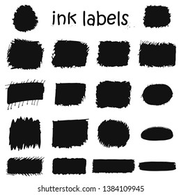 Vector set of black monochrome uneven shape stickers and labels drawn by ink isolated on white background. Creative modern art concept for design of logo, cover, web site, printing on paper, textiles