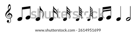  Vector set of black music notes and treble clef on white background. Simple flat icons for audio, melody, rhythm, and musical design elements. Music, icons.
