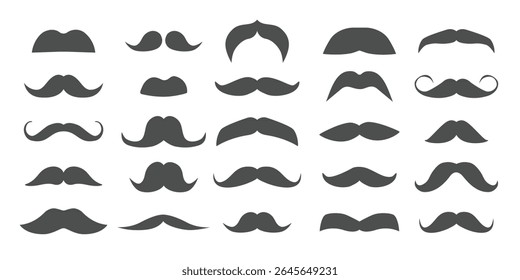 Vector Set of Black Mustache Silhouettes. Vintage Retro Style Moustaches Collection. Curly, Classic and Hipster Mustache Icons for Father's Day, Barbershop Logos, Gentleman Design