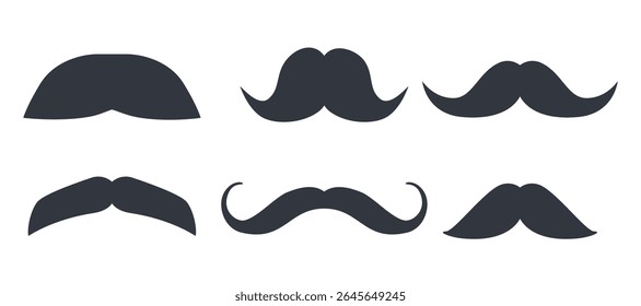 Vector Set of Black Mustache Silhouettes. Vintage Retro Style Moustaches Collection. Curly, Classic and Hipster Mustache Icons for Father's Day, Barbershop Logos, Gentleman Design