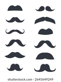 Vector Set of Black Mustache Silhouettes. Vintage Retro Style Moustaches Collection. Curly, Classic and Hipster Mustache Icons for Father's Day, Barbershop Logos, Gentleman Design