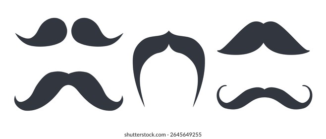 Vector Set of Black Mustache Silhouettes. Vintage Retro Style Moustaches Collection. Curly, Classic and Hipster Mustache Icons for Father's Day, Barbershop Logos, Gentleman Design