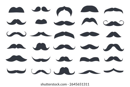 Vector Set of Black Mustache Silhouettes. Vintage Retro Style Moustaches Collection. Curly, Classic and Hipster Mustache Icons for Father's Day, Barbershop Logos, Gentleman Design
