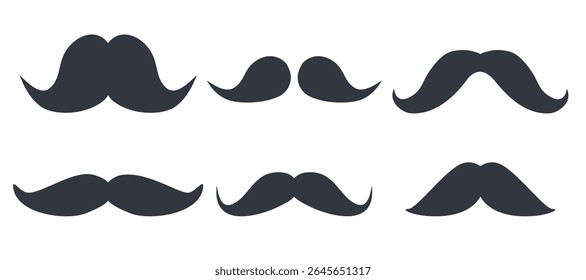 Vector Set of Black Mustache Silhouettes. Vintage Retro Style Moustaches Collection. Curly, Classic and Hipster Mustache Icons for Father's Day, Barbershop Logos, Gentleman Design