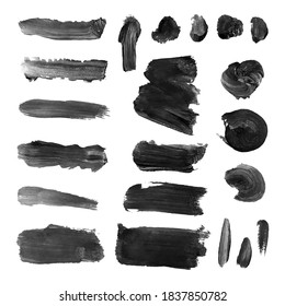 Vector set with black oil paint spot isolated on white background, texture hand drawn illustration. Use it as element for design greeting card, banner, Social Media post, invitation, graphic design