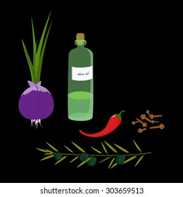 Vector set with black olives, olive oil, onions, chillies and cloves