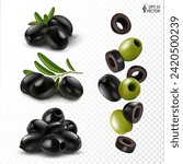 Vector set of black olives on a branch, pickled pitted olives, falling pieces. 3D realistic food illustrations for packaging and advertising design