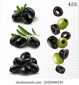 Vector set of black olives on a branch, pickled pitted olives, falling pieces. 3D realistic food illustrations for packaging and advertising design