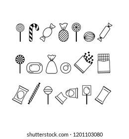 Vector set of black outline candy icons. Candy symbols. 