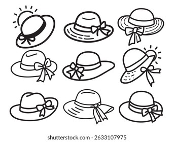 Vector Set – Black Outline Drawing of Sunhat with Ribbon, Summer Hat Clipart on White Background