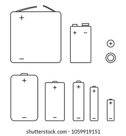 Vector Set of Black Outline Icons of Different Types Batteries