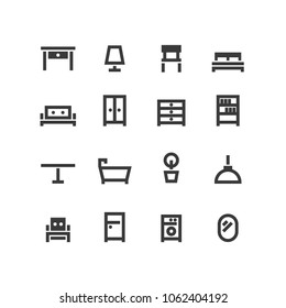 Vector set of black outline icons of interior furniture.
