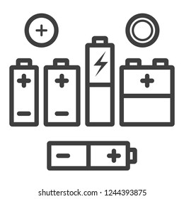 Vector Set of Black Outline Icons of Different Types Batteries