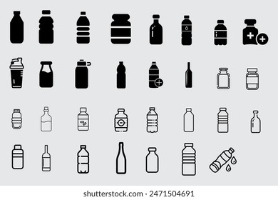 Conjunto de Vector de iconos de botellas de plástico con contorno negro.
