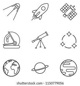 Vector Set of Black Outline Space Icons. Astronomy Symbols.