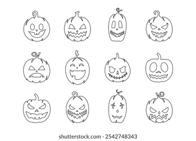 vector set of black outline style halloween pumpkin icons