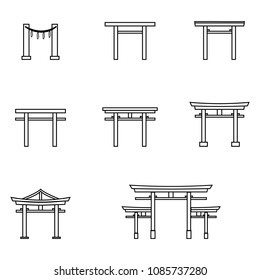 Vector Set of Black Outline Torii Gate Icons. Symbol of Shintoism