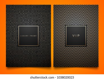 Vector set black packaging templates with different golden linear geometric pattern texture for luxury product. Trendy design for logo. Square frame