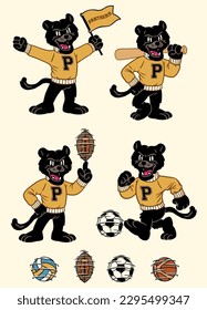 vector Set of Black Panther Sport Mascot in Vintage Retro Hand Drawn Style