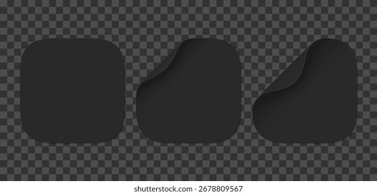 Vector set of black paper squircle stickers isolated on transparent background. Realistic square stickers curved with black corner and soft shadows.