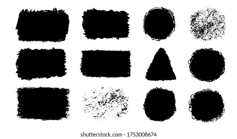 Vector set with black pastel paint spot isolated on white background, texture hand drawn illustration. Use it as element for design greeting card, banner, Social Media post, invitation, graphic design