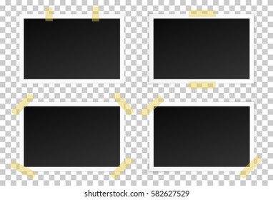 Vector set of black photo frames with various shadows. Glued with adhesive tape mock up of photo