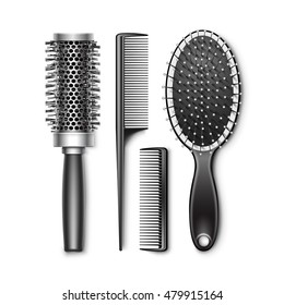 Vector Set of Black Plastic Grooming and Hot Curling Radial Pocket Hair Brush Comb Professional Hairdresser Tools Top View Isolated on White Background