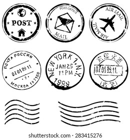 Vector Set of Black Postal Stamps. Mail, post office, air mail, russian post, american post, new york, china post, wave stamp.