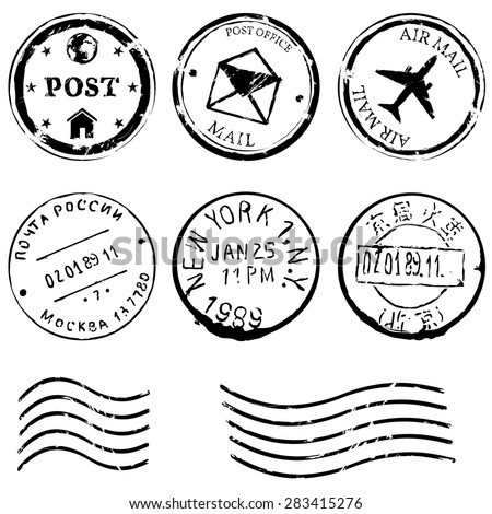 Vector Set of Black Postal Stamps. Mail, post office, air mail, russian post, american post, new york, china post, wave stamp.