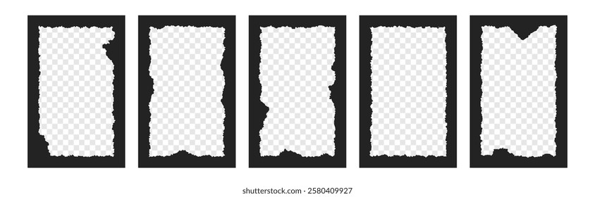 Vector set of black rectangle shape frames with jagged edges. Ragged text box with empty transparent space inside. Torn photo picture borders, tattered mirrors, text box frameworks with tear sheets