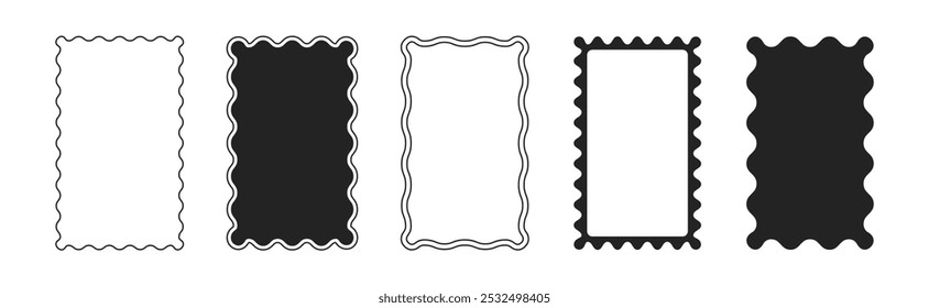 Vector set of black rectangular undulate frames with scallop edges. Squiggle photo borders with jagged edge and blank space inside. Wiggly shapes template, funky geometric frameworks or curvy mirrors