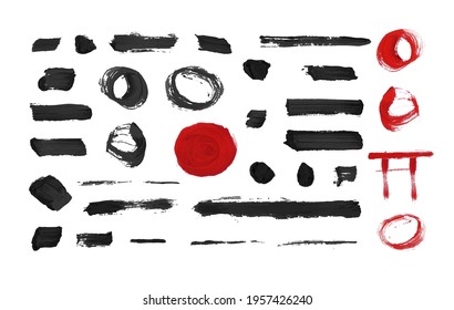 Vector set of black and red brush strokes isolated on white background, japanese traditional ink painting concept.