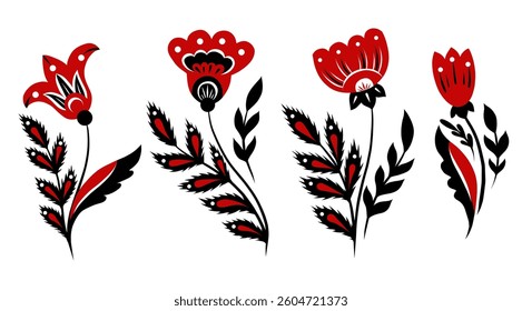 Vector set of black and red decorative floral clip arts. Collection of slavic flowers in folk art style isolated from background. Blooming wildflowers in traditional style