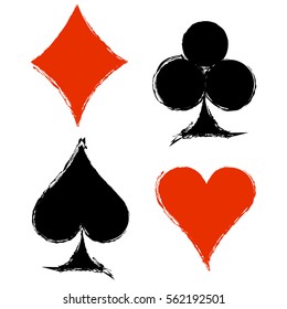 Vector set of black and red graphic illustration of sign of playig card with brush strokes, cracks, attrition isolated on the white.Series of artistic illustration with splash,blots and brush strokes